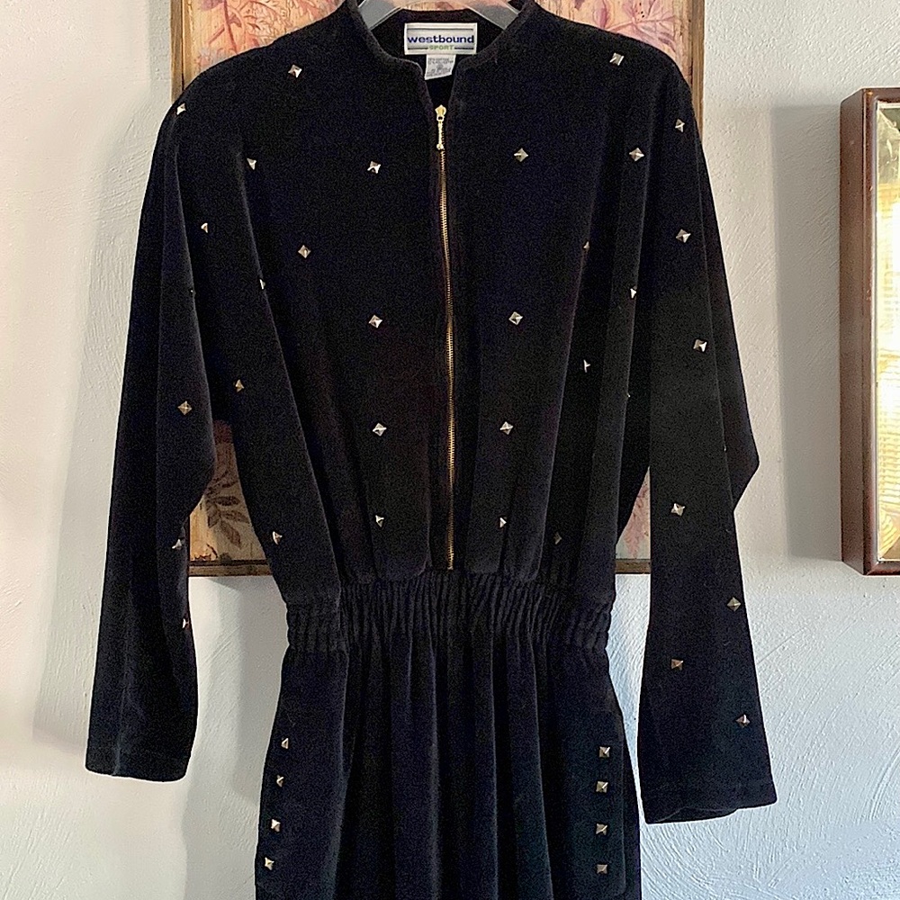 Vintage Velour Tracksuit Zipup Jumpsuit Sporty Gold Hardware Bodycon Jumpsuit